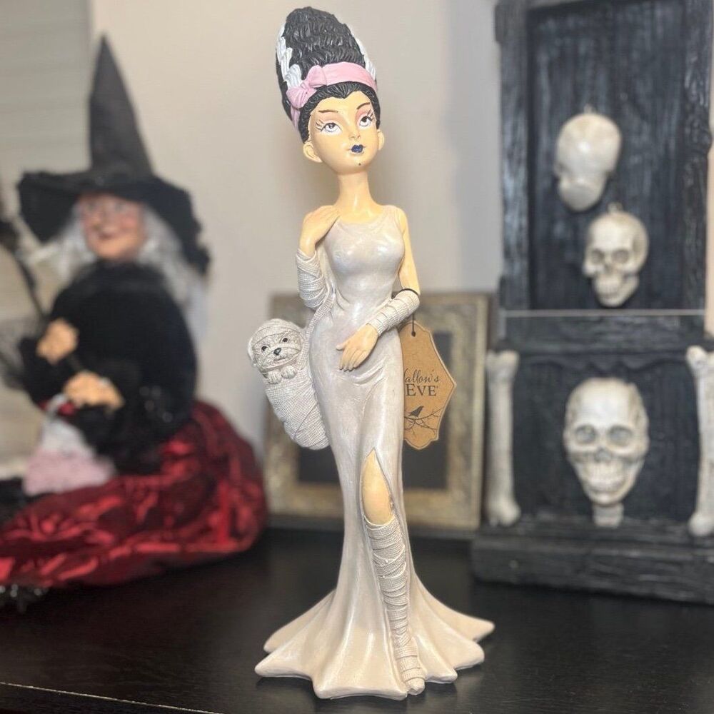 Hallow’s Eve Halloween Bride of Frankenstein Pink Bow Carrying White Dog Decor